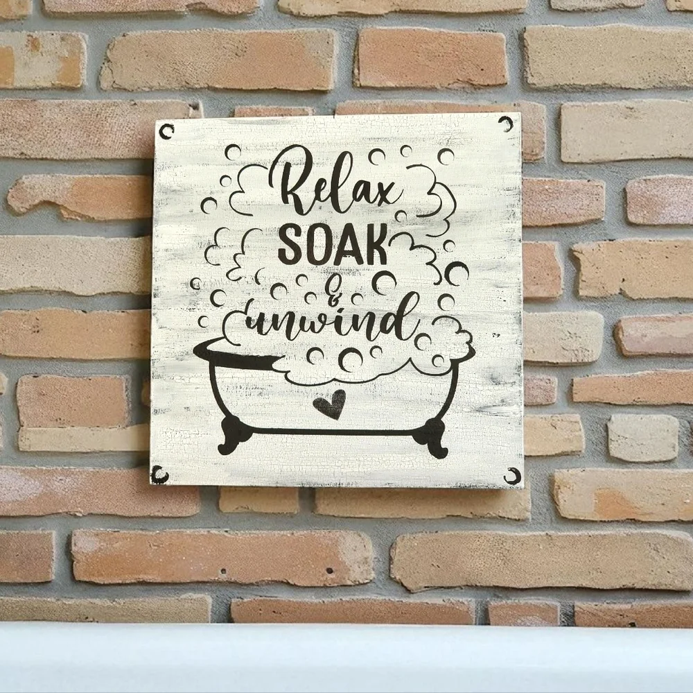 Handpainted Bathroom Sign RELAX SOAK & UNWIND Birch Wood Decor